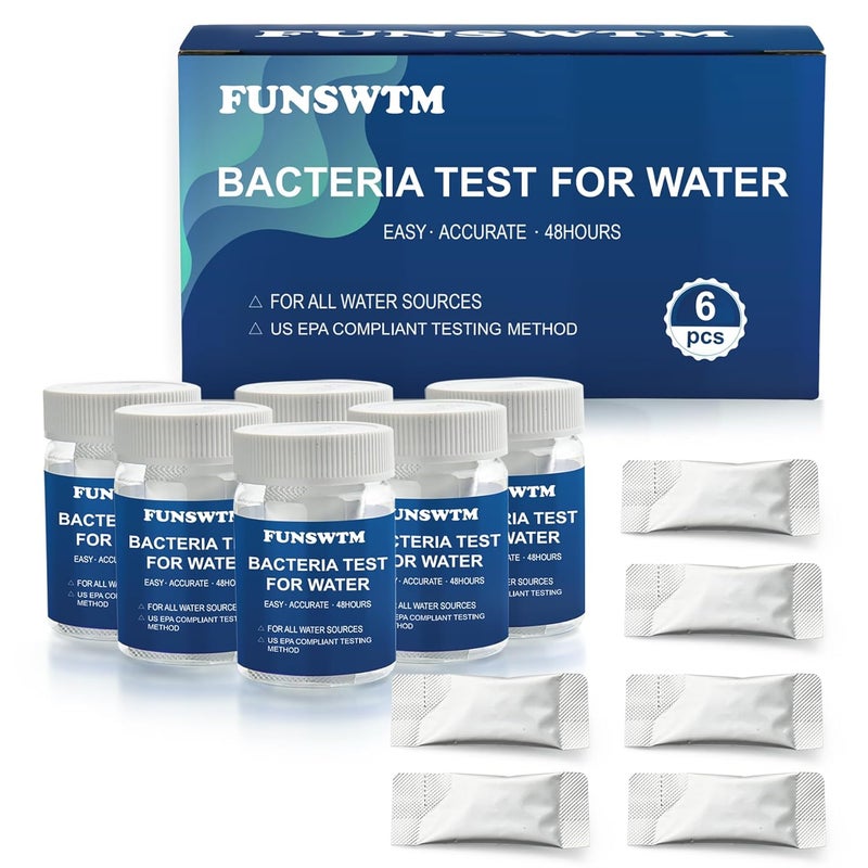 FUNSWTM مجموعة اختبار بكتيريا القولونية في الماء: 6 عبوات لمجموعة اختبار بكتيريا الماء سهلة الاستخدام في المنزل لمياه الآبار، الصنابير، المسابح، الينابيع، البرك، والبحيرات. - Image 1